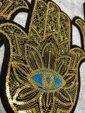 Exclusive, "Golden Hamsa Blue Eye Patch," Sequins Iron-on Patch, Bling Patch, DIY Applique; Vintage Patch, Sz 10.5", Eye of Protection, 1-pc
