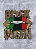 New, Sequins,"Black Queen" Gold/Green/Black/Red Lips, (iron-on) Size 10.5", LARGE Bling Patch for Denim Jacket, Shirts, Hoodies, and More