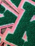 1-pc Green Letter "K" Chenille & Pink Glitter, w/ White Felt, Size 2.75" Varsity Letter Patch with Iron-on Backing, Small Chenille Letters