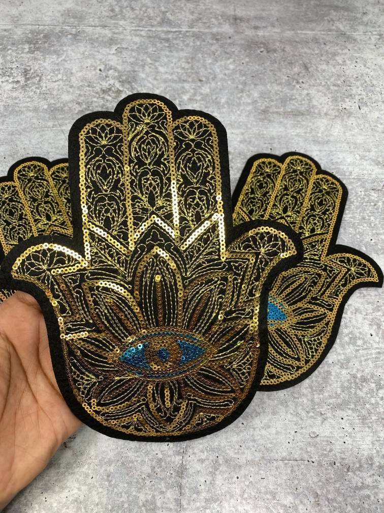 Exclusive, "Golden Hamsa Blue Eye Patch," Sequins Iron-on Patch, Bling Patch, DIY Applique; Vintage Patch, Sz 10.5", Eye of Protection, 1-pc