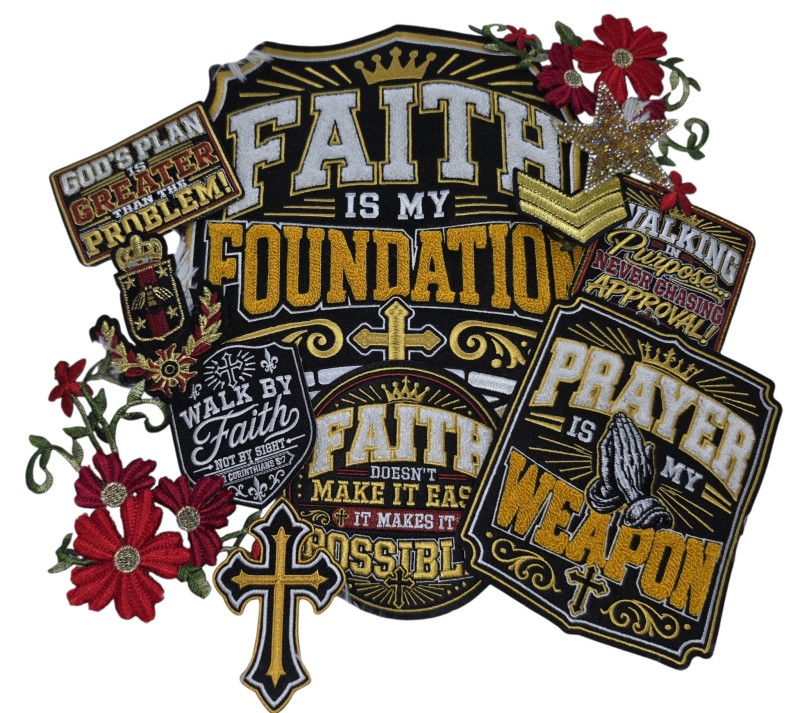Patch Party Club, “Faith Is My Foundation” 12-Pc Christian Patch Bundle | 10" Oversized Chenille & Embroidered Spiritual Patch Set, Prayer & Cross Patches, DIY Blazer & Jacket Appliques