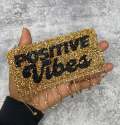 New, Gold "POSITIVE VIBES" Blinged Out, Dripping Rhinestone Patch w/ Adhesive, Bling Applique, Size 4" Czech Rhinestones, DIY Applique