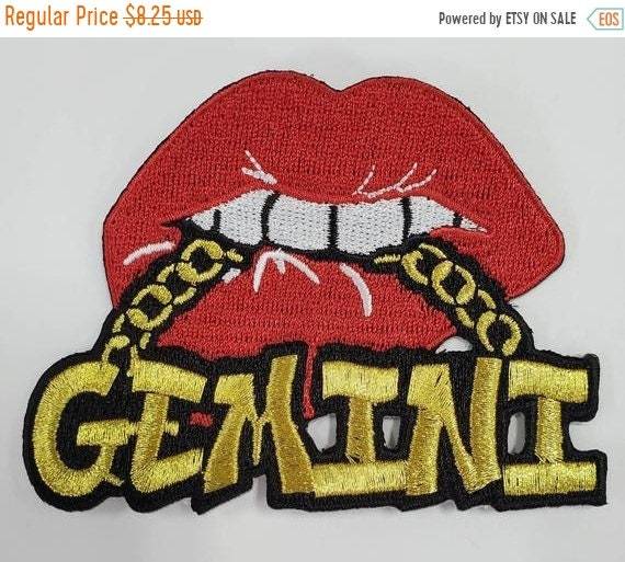 Poppin' Red Lip "Gemini" w/Gold Metallic Chain|Iron-On Patch|Astrology Applique|Cool Embroidered Patch|DIY Patch for Denim & Accessories