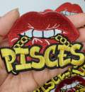 Poppin' Red Lip "Pisces" w/Gold Metallic Chain|Iron-On Patch|Astrology Applique|Cool Embroidered Patch|DIY Patch for Denim & Accessories
