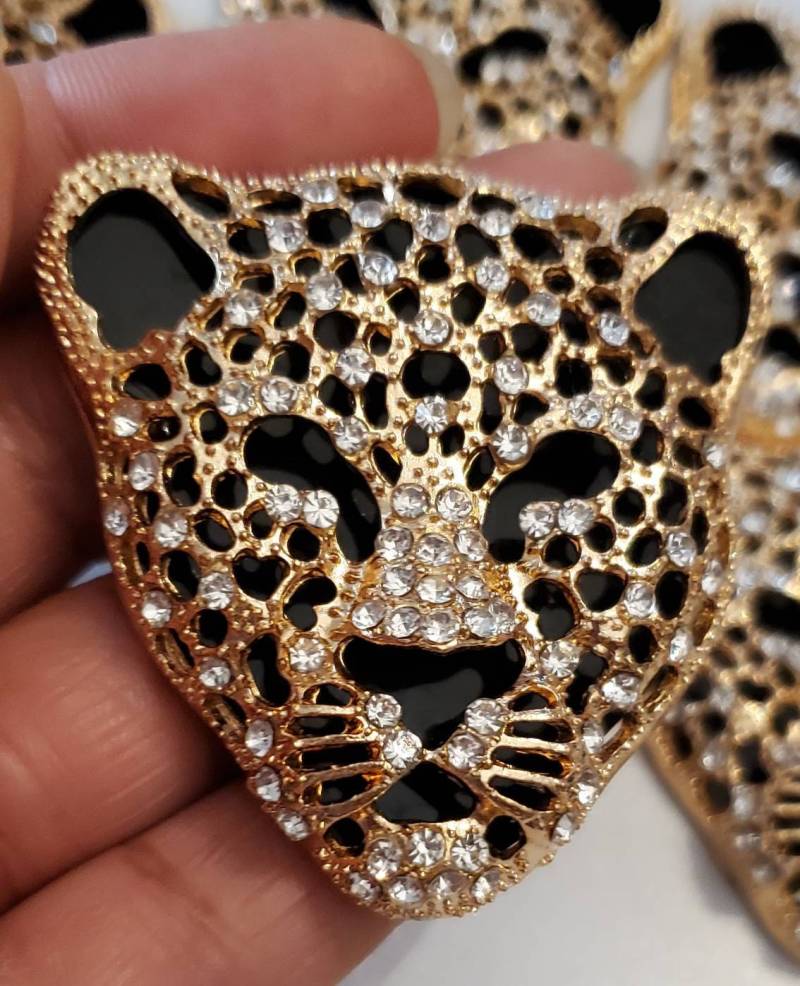 Exclusive, Gold & Black Leopard Charm with Rhinestones, 1-pc Flatback Charm for Crocs, Phone Cases, Sunglasses, Decor, and More! Size 2"x2"
