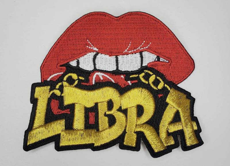 Poppin' Red Lip "Libra" w/Gold Metallic Chain|Iron-On Patch|Astrology Applique|Cool Embroidered Patch|DIY Patch for Denim & Accessories