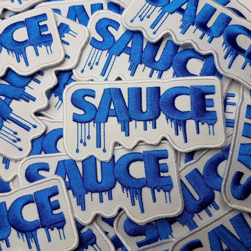 Drippin' "Sauce" 3-inch Patch, Iron or sew on, Embroidered Patch; Fun appliques, Blue and White Patch for Jackets, and Hats