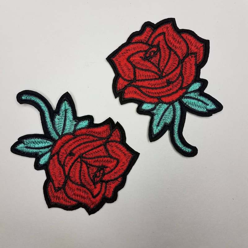 Floral 2 pc set, Red Rose Buds with teal stems  (size 3-inches), matching embroidered iron-on floral patches, Flower Patches, Rose Embroider
