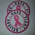 Breast Cancer Ribbon Patch 3" Embroidered "Hope, Believe, Fight" (1 pc)  Iron or Sew-on, Cancer  Patch/Applique, Pink Grey, and White