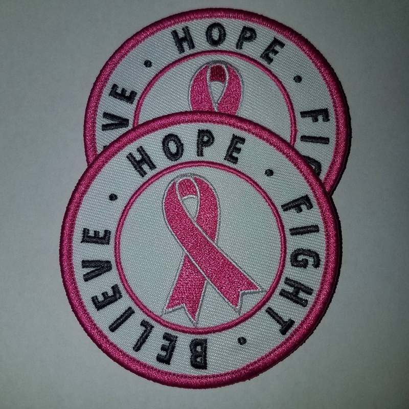 Breast Cancer Ribbon Patch 3" Embroidered "Hope, Believe, Fight" (1 pc)  Iron or Sew-on, Cancer  Patch/Applique, Pink Grey, and White