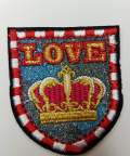 2-pc Set, "Love" Metallic Royalty Crest, Small Emblems, DIY, Embroidered Applique Iron On Patches, Size 2"