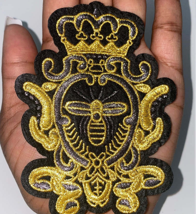 Metallic Gold, Black and Gray Royal Bee Crest, With Crown Emblem patch, DIY, Embroidered Applique Iron On Patch, Size 3"