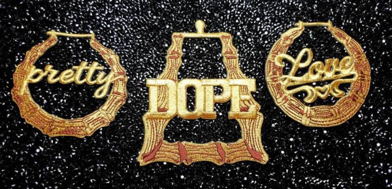 2-pc Gold Bamboo Earring Patch Set | Bamboo Collection | Iron-on Embroidered Appliques, Cool Patches for Clothing | Door Knocker Earrings