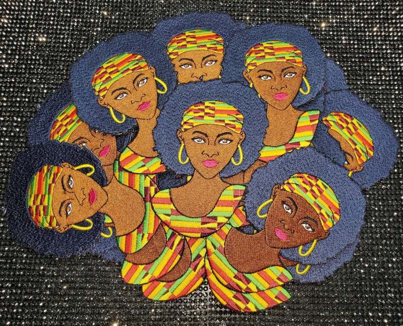 Mother of the Earth, Kente Cloth, Africa Lady, Iron-on Embroidered 3D Afrocentric Patch; Size 4", Beautiful Kente Lady Patch