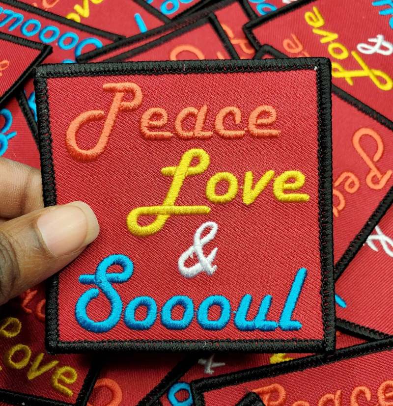 Fun, Colorful 3x3-inch Embroidered Patch, "Peace, Love, Soooul" Iron-on Applique, DIY Jackets, Hats, and Bags