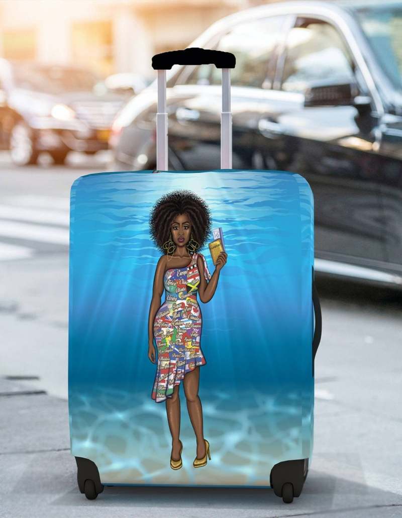 Girls Trip, Blue Spandex Luggage Cover, "Black Girls Travel Too," Luggage Cover for Travelers; Gifts for Wanderlust, Cute Suitcase Cover