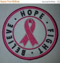 Breast Cancer Ribbon Patch 3" Embroidered "Hope, Believe, Fight" (1 pc)  Iron or Sew-on, Cancer  Patch/Applique, Pink Grey, and White