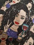 New, 1-pc, "But First Wine" Sz 10" SEQUINS & Satin Patch, Iron-on Applique, Large Jacket Patch, Sparkling Patch, Girl w/ Deuces, Peace Out