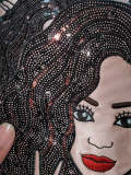 New, 1-pc, "But First Wine" Sz 10" SEQUINS & Satin Patch, Iron-on Applique, Large Jacket Patch, Sparkling Patch, Girl w/ Deuces, Peace Out