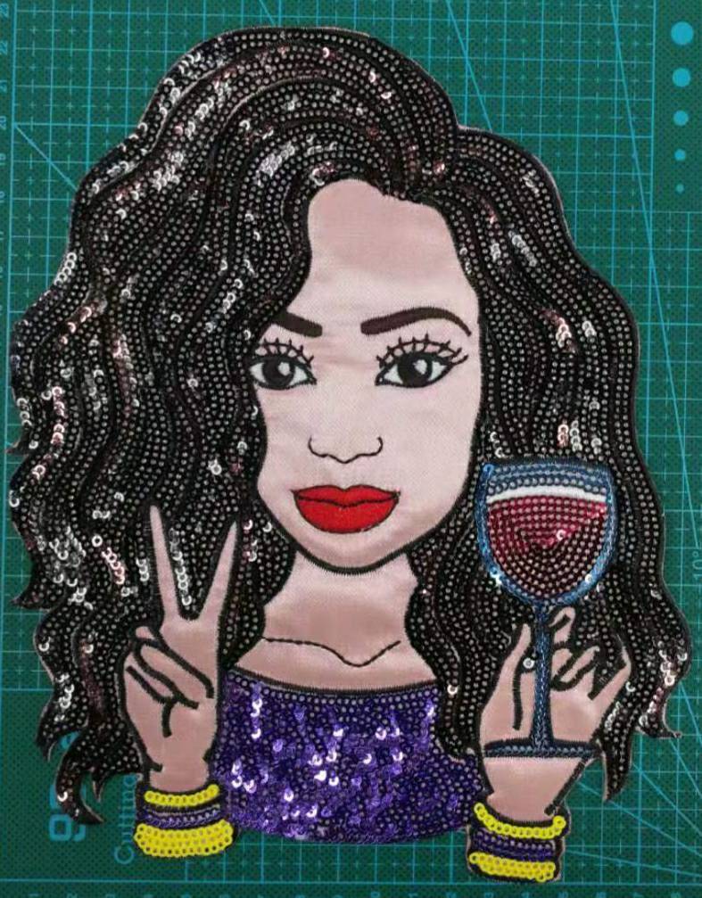 New, 1-pc, "But First Wine" Sz 10" SEQUINS & Satin Patch, Iron-on Applique, Large Jacket Patch, Sparkling Patch, Girl w/ Deuces, Peace Out