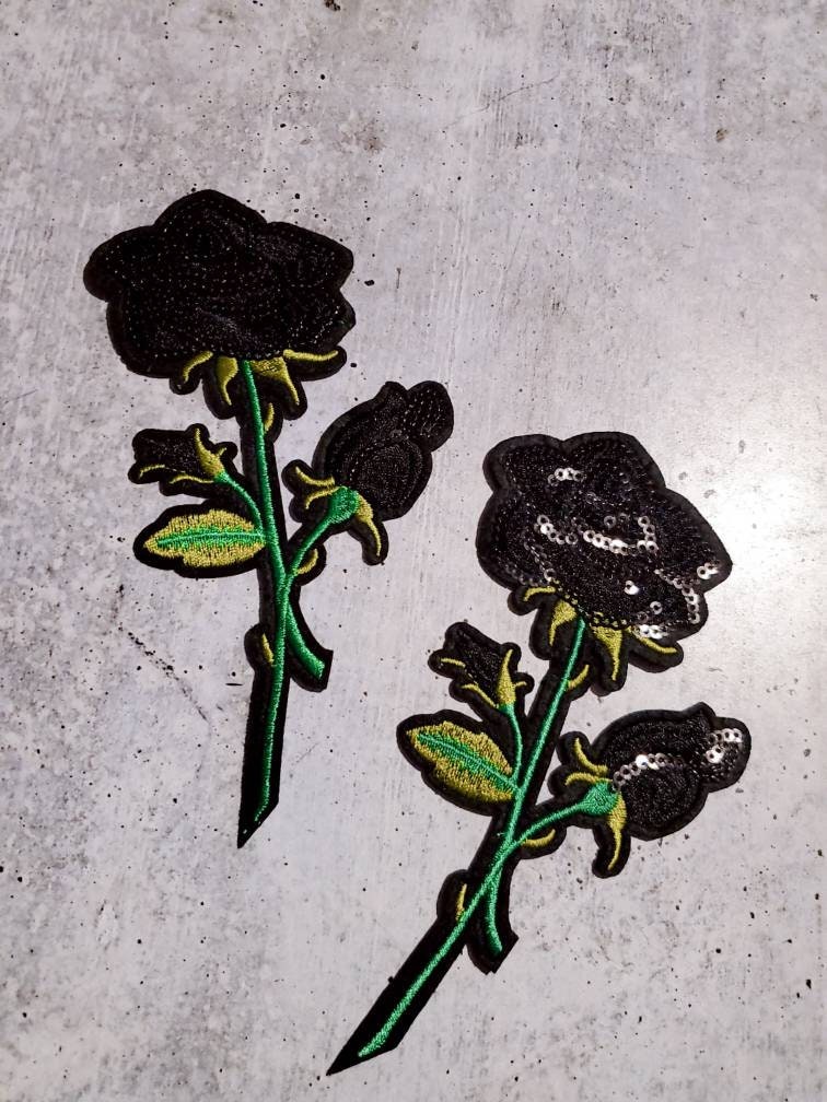 NEW Sequins Flowers, Adorable 2-pc set, BLACK Roses (size 6-inches), Matching Embroidered Iron-on Floral Patches, Small Patches for Clothing