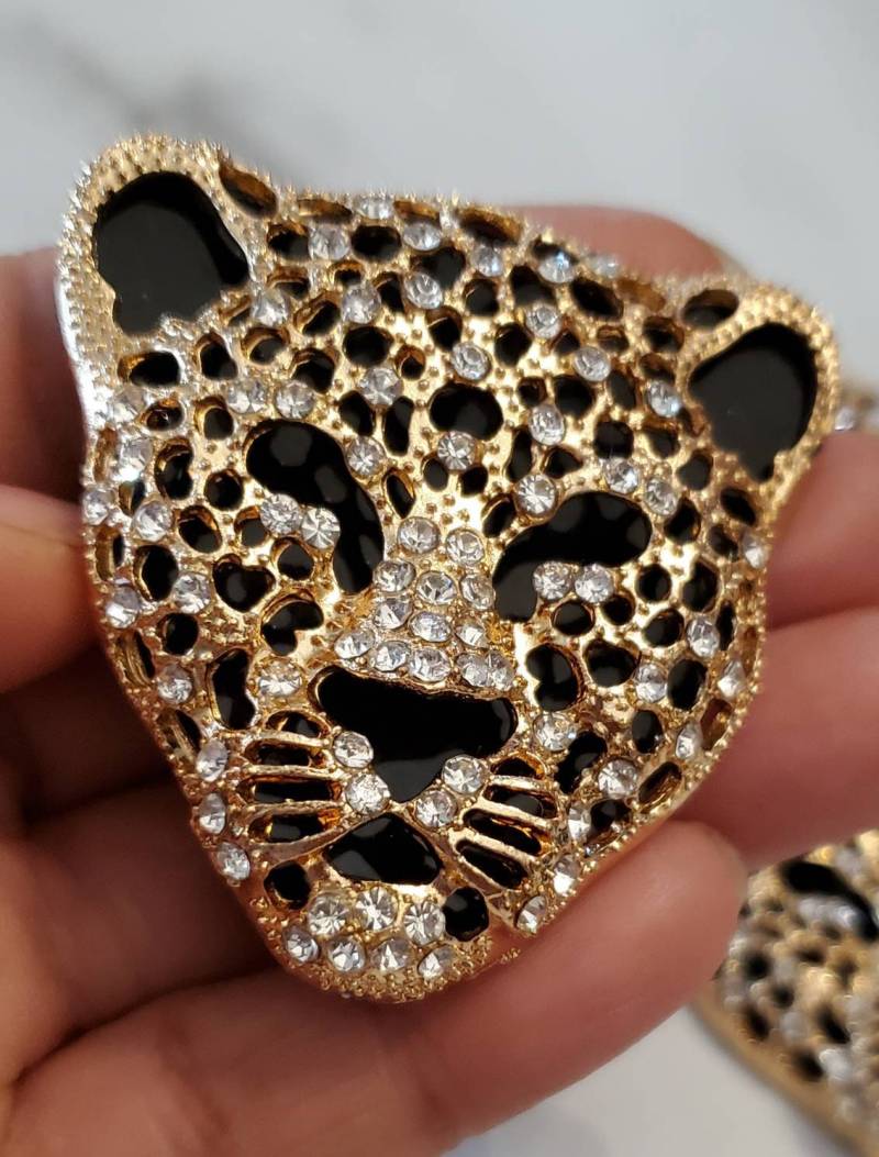 Exclusive, Gold & Black Leopard/Jaguar Charm with Rhinestones, 1-pc Flatback Charm for Crocs, Phone Cases, Sunglasses, and Decor! Size 2"x2"