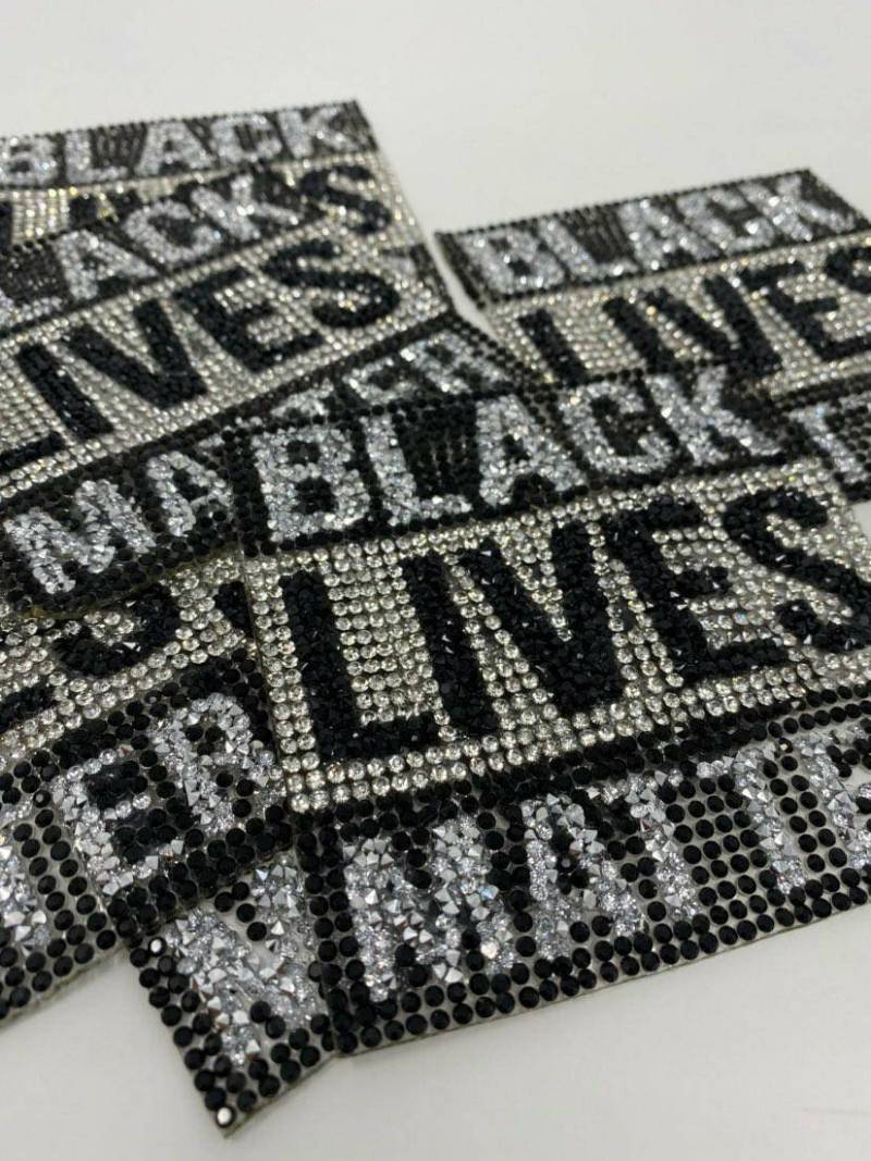 Exclusive, Rhinestone "Black Lives Matter" Iron-On Patch; Size 3.5", Bling Applique for Jackets, Hats, Shoes, Bags, DIY Supplies for Crafts