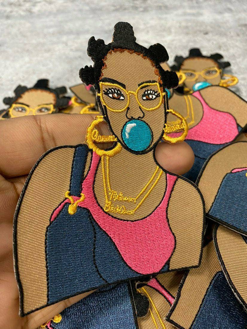 Navy Blue Jumpsuit, "Bubble Pop" EXCLUSIVE, 4" Iron-on Embroidered Patch; Hip-hoppin', Bubble Poppin' Queen, Black Girl Magic