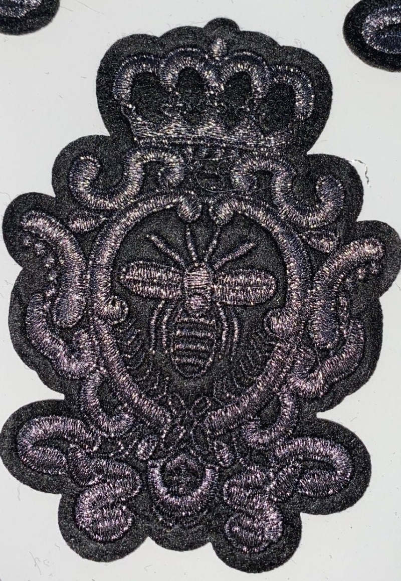 Metallic Black and Gray Royal Bee Crest, With Crown Emblem patch, DIY, Embroidered Applique Iron On Patch, Size 3"
