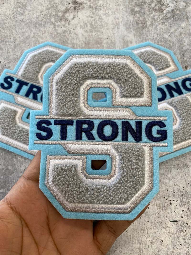 Chenille, Monogram Letter, "S" Embroidered Word STRONG, Blue, Gray, White, Size 6", Iron-on Backing, Medium Applique, Varsity Patch for Men