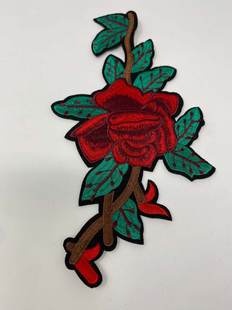 NEW Red Rose W/ Stem, Adorable 2-pc set, Red Roses (size 8-inches), Matching Embroidered Iron-on Floral Patches, Small Patches for Clothing