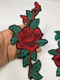 NEW Red Rose W/ Stem, Adorable 2-pc set, Red Roses (size 8-inches), Matching Embroidered Iron-on Floral Patches, Small Patches for Clothing