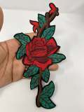 NEW Red Rose W/ Stem, Adorable 2-pc set, Red Roses (size 8-inches), Matching Embroidered Iron-on Floral Patches, Small Patches for Clothing