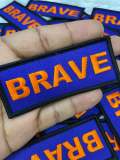 Popular Patch, Blue, Black & Orange|"Brave" Iron-on Embroidered Patch; Statement Patch, Patches for Men, Size 3" x 1.75", Small Jacket Patch