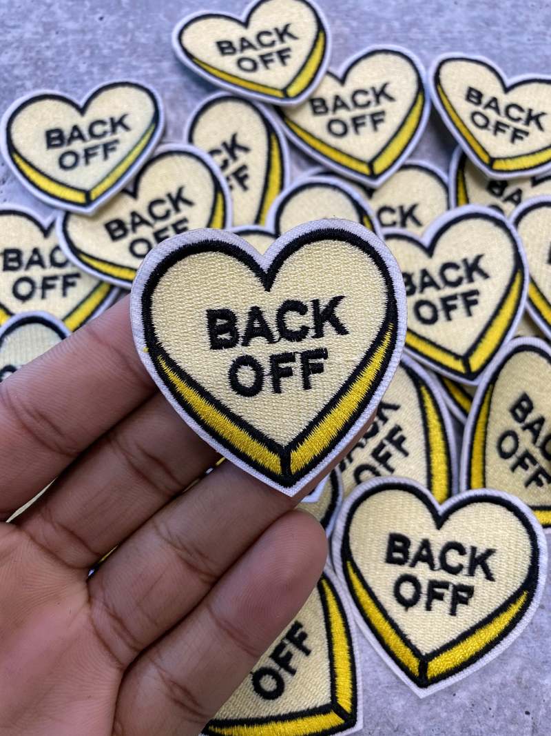 NEW, "Back Off"  2-pc/set, 2"-x 1" inch, DIY, Embroidered Applique Iron On Patch, Patches for Girls Jackets