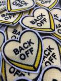 NEW, "Back Off"  2-pc/set, 2"-x 1" inch, DIY, Embroidered Applique Iron On Patch, Patches for Girls Jackets