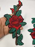 NEW Red Rose W/ Stem, Adorable 2-pc set, Red Roses (size 8-inches), Matching Embroidered Iron-on Floral Patches, Small Patches for Clothing
