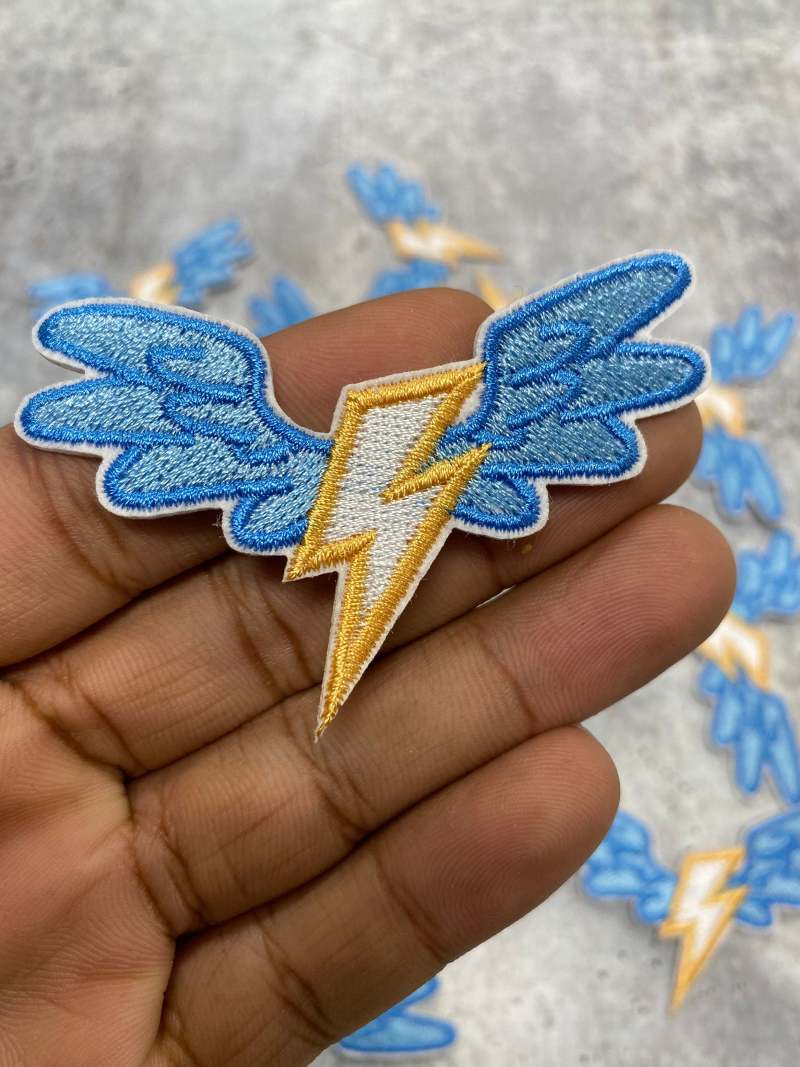 NEW, 2-pc Set, Lightning Bolt W/ Wings , 3-inch Patch, Iron or Sew on Embroidered Applique; Kids Patch, Popular patches and appliques
