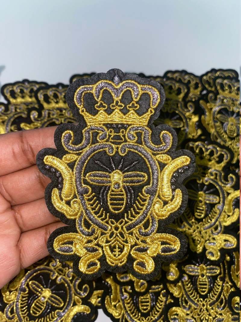Metallic Gold, Black & Gray Royal Bee Crest, With Crown Emblem Patch, Embroidered Applique Iron On Patch, Size 3", Patch for Hats, Men Patch