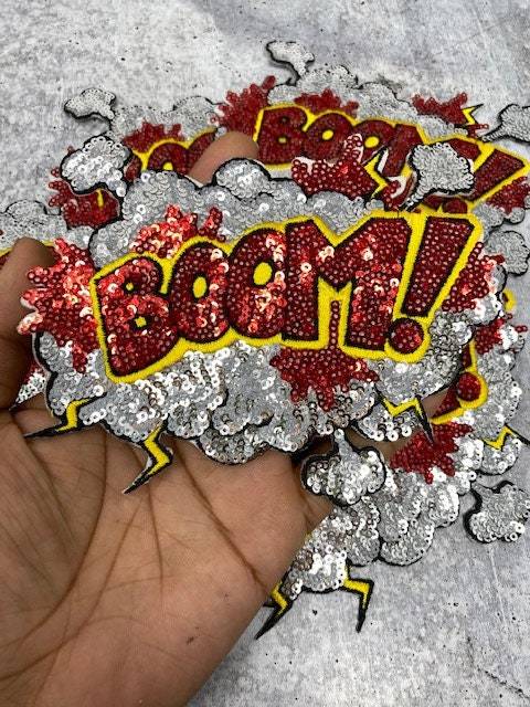 NEW, Sequins "BOOM!" Starburst Patch, Adorable Emblem, Home Girls Statement Patch, Iron-on Embroidered Applique, Size 6", Jacket Patch