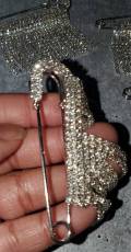 6-pc set, SILVER "Drippin"  Rhinestone Safety Pin Brooches for Clothing & Accessories, Bling Safety Pins for Crafting, Size 3" , Alloy Pins
