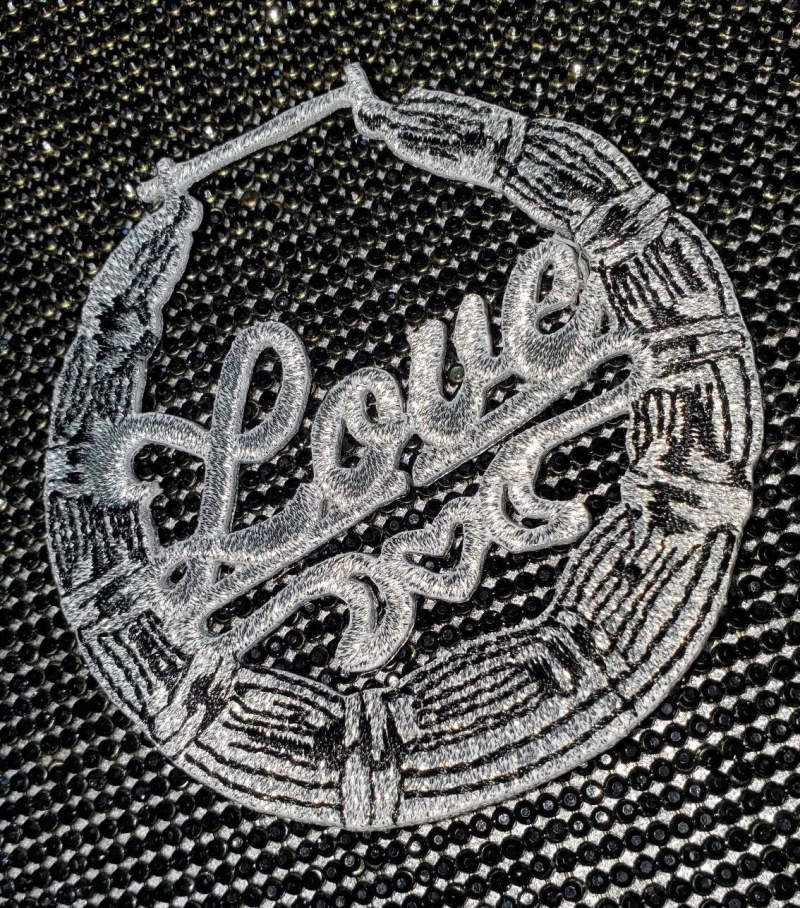 New, SILVER "Love" Bamboo Earring, 1-pc Patch, Hoop Earrings Iron-on Cool Patches for Clothing; Door Knocker Earrings 3-inches