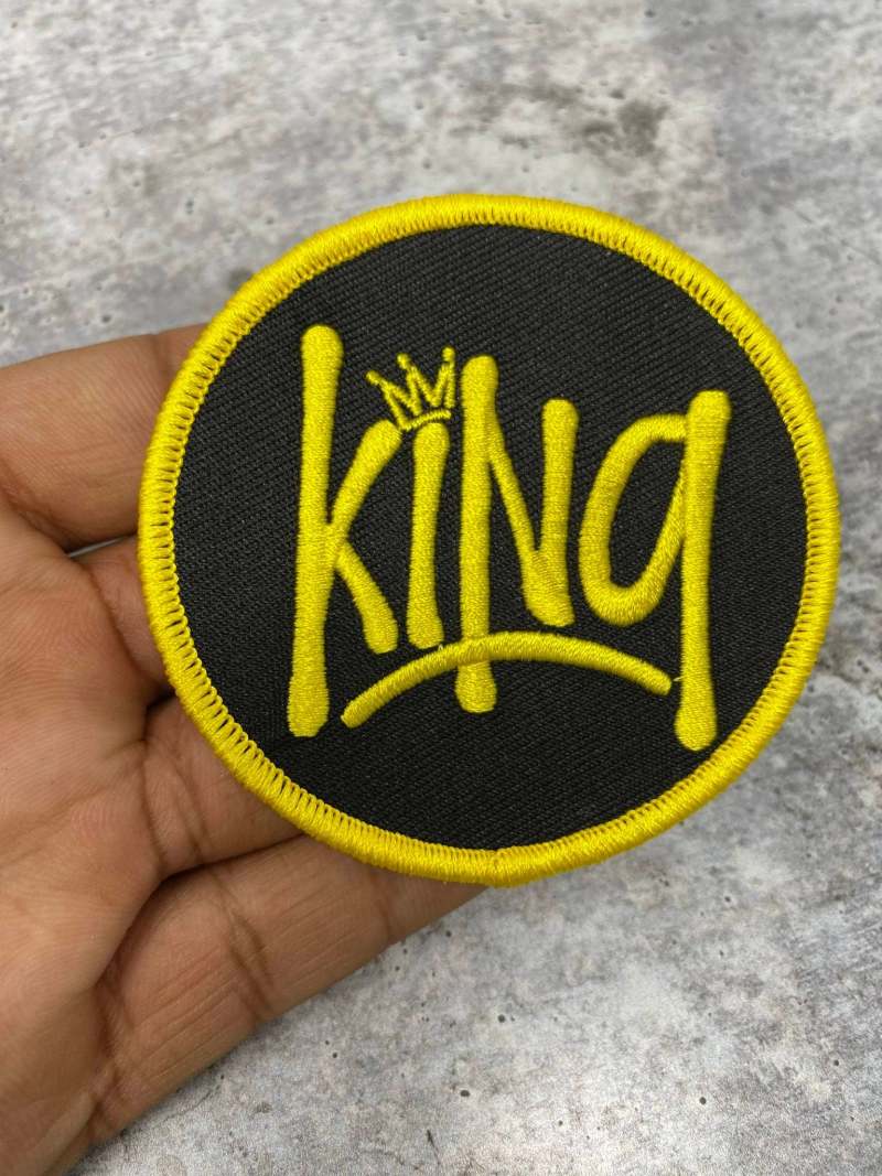 Black & Yellow, 3" Circular "King" Iron-on Embroidered Patch; Patches for Men, Small Jacket Patch, Morale Patch, Cool Patches for Hats