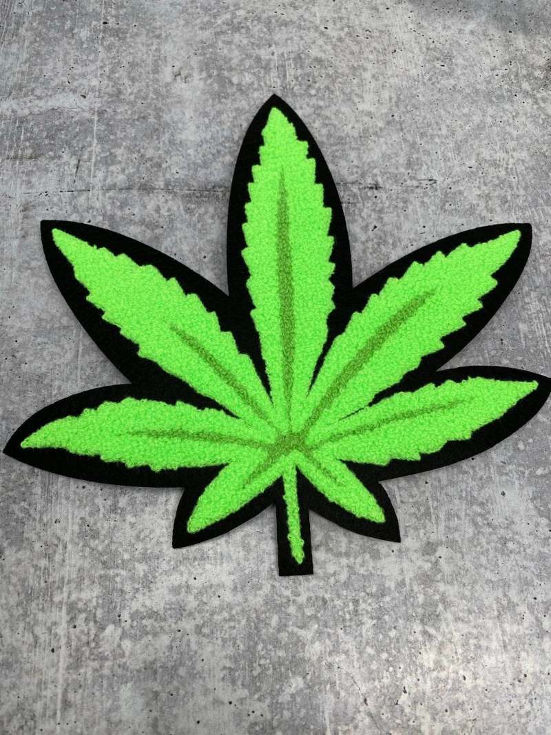 New, Neon Green, CHENILLE "Cannabis Leaf", Size 9", Iron-on Patch, Patches for Weed Lovers, Cannibas Badge, THC, CBD Lover, Weed Leaf, 1 pc