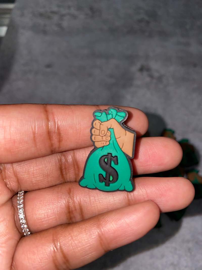 New, 1-pc "Money Bag"  Charm for Crocs; 1Pc., Symbolic Statement Charms for Clogs;  Cute Charm for Shoes and Silicone Bracelets