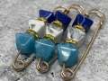 6-pc set, Shades of BLUE Resin Beads w/Gold Bling, Safety Pin Brooches for Clothing Safety Pins for Crafting, DIY Tools, Size 3", Alloy Pins