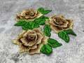 NEW,  2 pc set, Brown & Gold Roses (size 4-inches), matching lace sew-on floral patches (2 pcs), Flower Patches, Rose Lace Patches