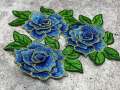 NEW,  2 pc set, Blue & Gold Roses (size 4-inches), matching lace sew-on floral patches (2 pcs), Flower Patches, Rose Lace Patches