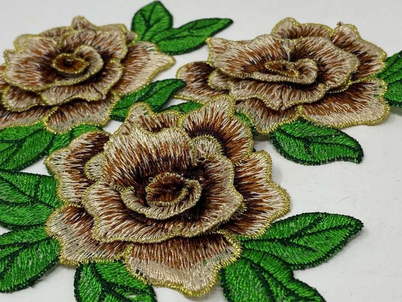 NEW,  2 pc set, Brown & Gold Roses (size 4-inches), matching lace sew-on floral patches (2 pcs), Flower Patches, Rose Lace Patches