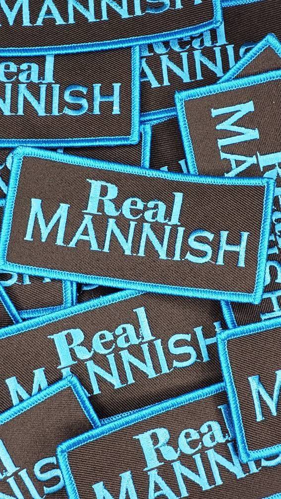New Arrival,"Real Mannish" Men's Iron-on Patch, Size 3"x2", Blue & Black Embroidered Patch for Clothing, Hats, and More